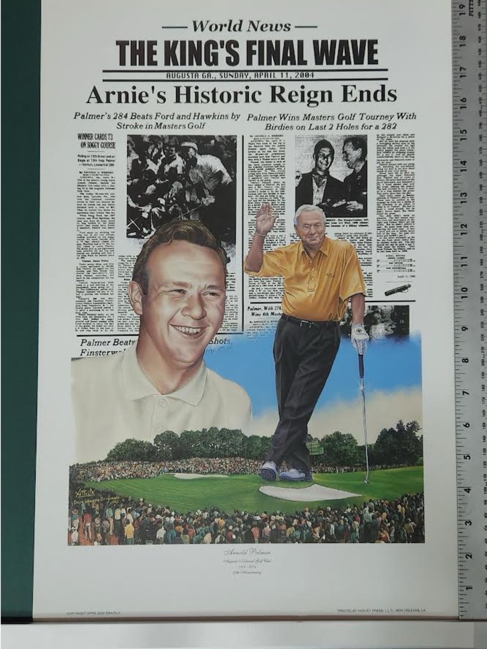 The King's Final Wave - Golf Newspaper Art Print in Yellow & White